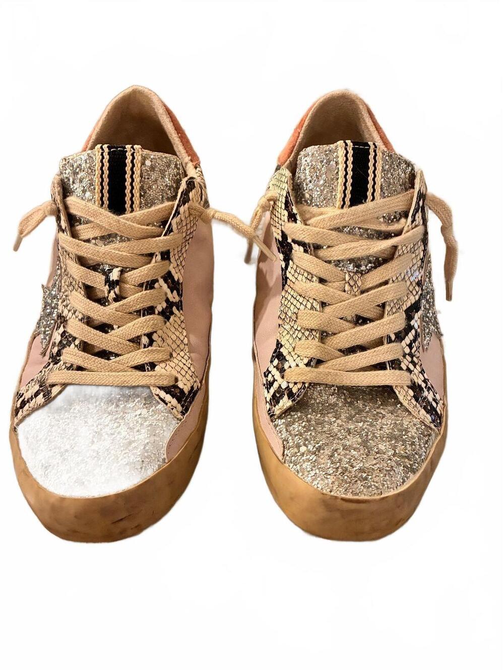 The Shu Shop Women's Casual Sneakers with Glitter and Snake Print, Size 8